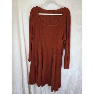 Curvzy Rust‎ Orange Ribbed Knit Long Sleeve Empire Waist Skater Mini Dress 4XL